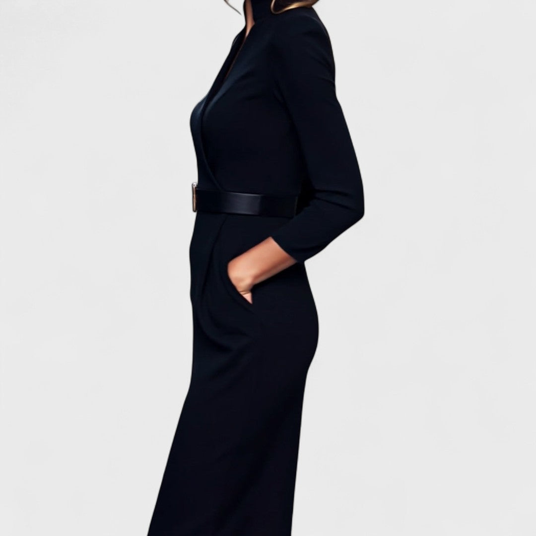 Madeleine - Elegant Black Dress with Belt and Mandarin Collar