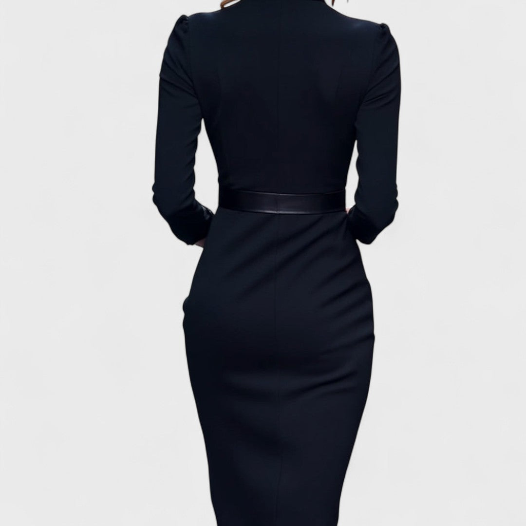 Madeleine - Elegant Black Dress with Belt and Mandarin Collar
