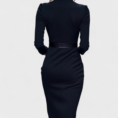 Madeleine - Elegant Black Dress with Belt and Mandarin Collar